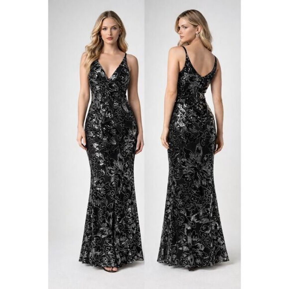 DRESS THE POPULATION Sharon Gown Size Small Black/Silver
